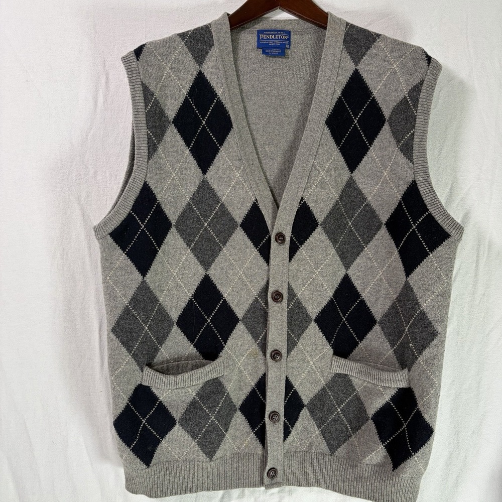 Pendleton 100% Lambswool Argyle Cardigan Sweater Vest Grey Men's XL 29685